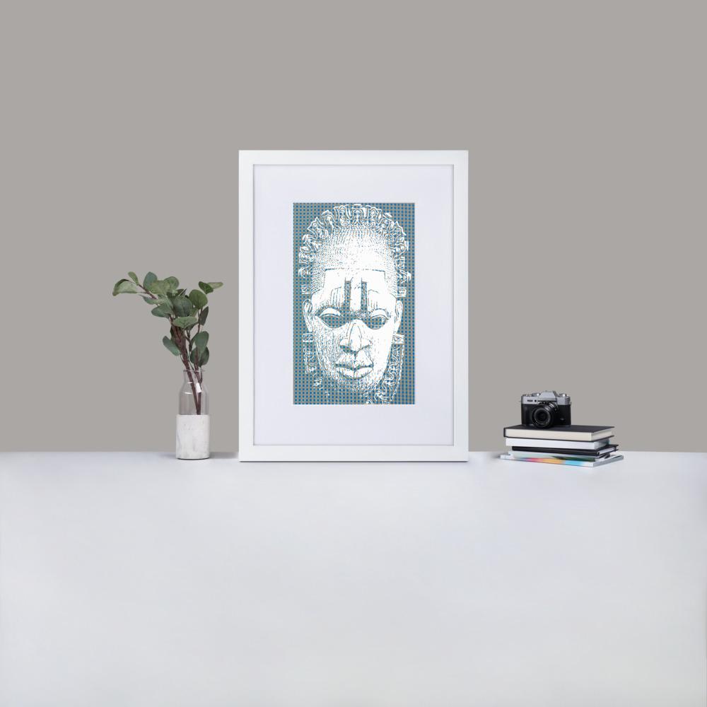Benin Ivory Mask - Framed Print With Mat - Gingham Blue - GeorgeKenny Design
